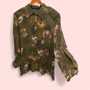 Vintage 90s sheer olive 🫒🍸 abstract floral blouse Liza B Paris oversized vamp